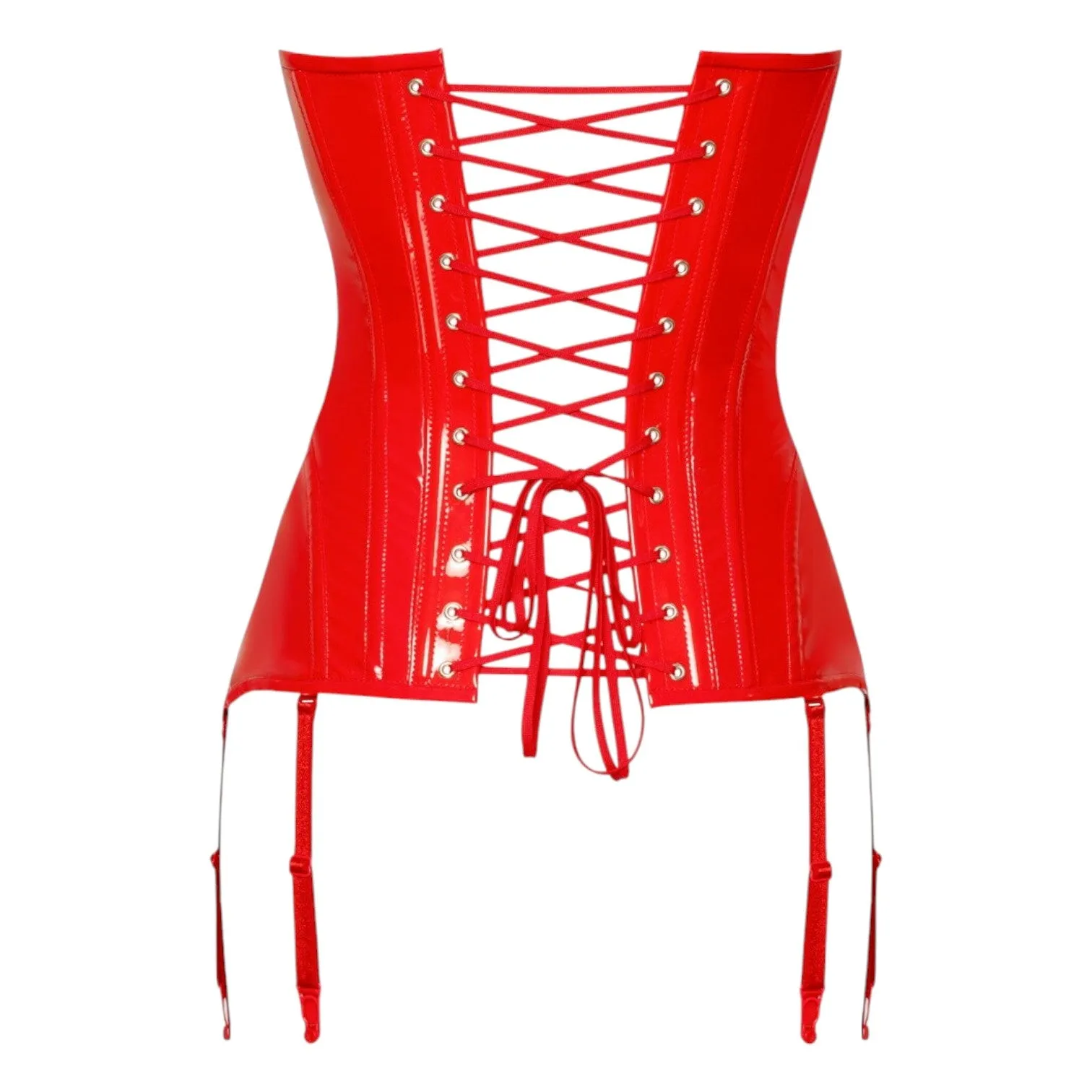 Corset sexy BLACK LEVEL Vinyl Corset. din material lucios. cu decolteu în V și portjartier integrat. mărime L. culoare roșu