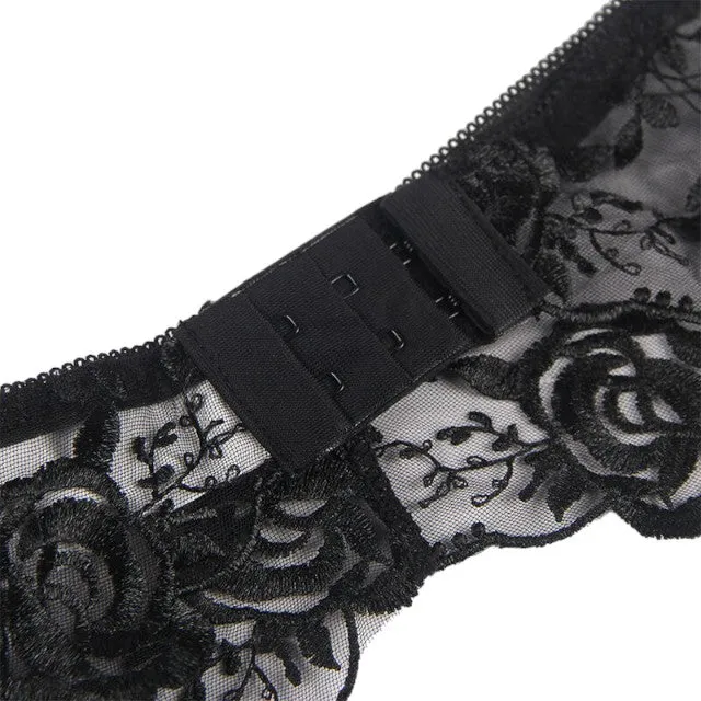 Lenjerie sexy 3 piese SUBBLIME. set cu sutien. chilot tanga și portjartier. design cu plasă și trandafiri. culoare negru. mărime S/M (R81122)