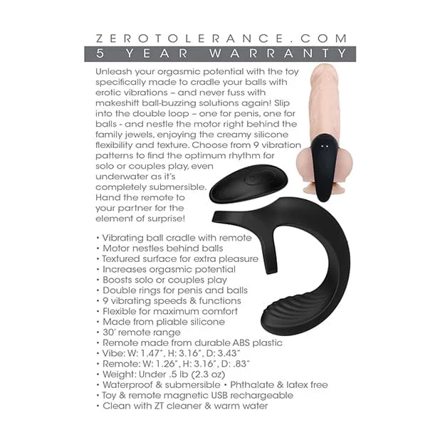 Zero Tolerance - Vibrating Ball Cradle Cock Ring with Remote (Black)